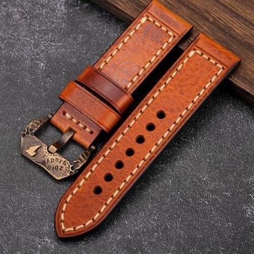 Hand-Made Leather Watchband Suitable For Bronze watch bracelet 20 22 24MM, retro style first layer cowhide bracelet male