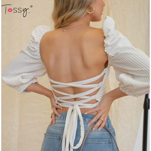 Tossy White Vintage Ribbed Knit Tank Tops For Women Sexy Backless Bandage Summer Puff Sleeve Canale Cropped Top Streetwear 2021