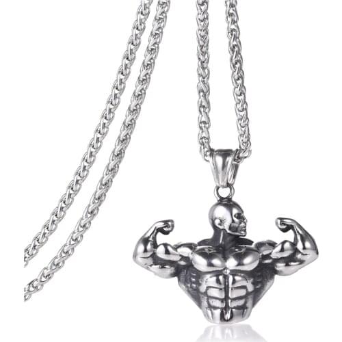 Workout Strong Man Pendant Necklace Stainless Steel Chain Necklaces Fitness Bodybuilding Men Sports Hip Hop Jewelry