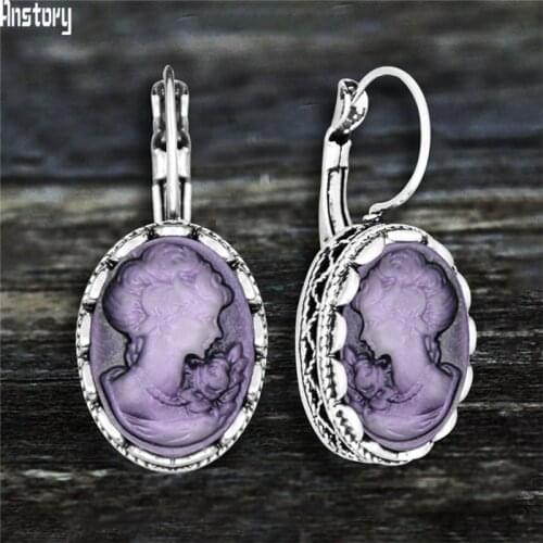 6 Colors Vintage Oval Lady Queen Cameo Pendant Earrings For Women Antqiue Silver Plated Pink Gray Blue Purple Cameo Earring