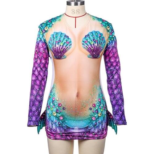 Adult Makeup Mermaid Ocean Shell 3D Printed Long Sleeve T-Shirt Carnival Party Cosplay Costume Halloween Top Outfit For Women