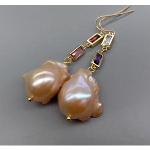 YYGEM natural Cultured Pink Nucleated Flameball Baroque Pearl Cz pave Chain Dangle Hook Earrings classic for women