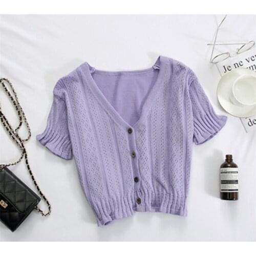 T-shirts Women V-Neck Button Up Tees Short Sleeve Casual T-shirts Knitted Cadigans Crop Tops For Women 2021 Summer Tee