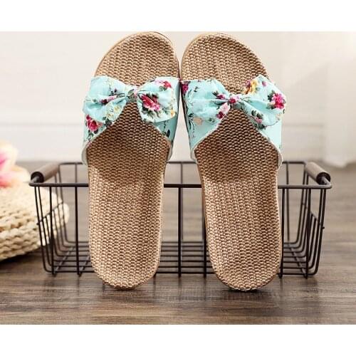 Women Summer Beach Slippers Breathable Linen Flip Flops Female Casual Flax Slippers Sandals Floral Bow Indoor Shoes W120