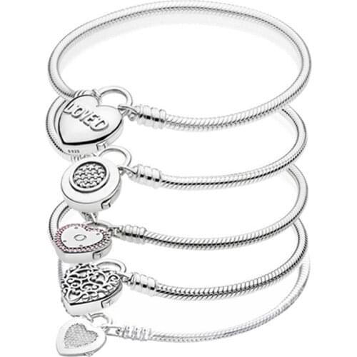 100% 925 Sterling Silver Spring Button Type Heart-shaped Lock Buckle Pan Bracelet The Most Popular Diy Jewelry