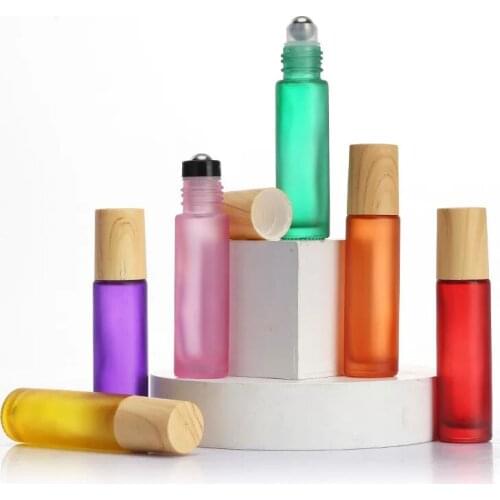 100pcs 10ml Color Frosted Thick Glass Roll On Essential Oil Empty Perfume Bottle Roller Ball Bottle For Travel Jars Bamboo Lid