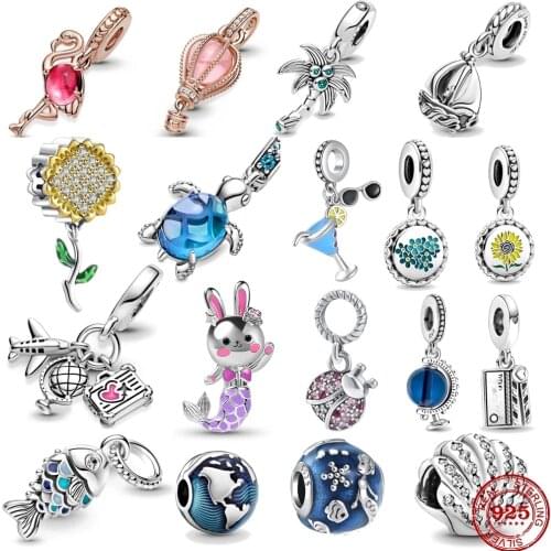 2021 New Scaled Fish Shell Palm Tree Pink Murano Glass Flamingo Silver 925 Charm Bead Fit Original Pandora Bracelets DIY Jewelry