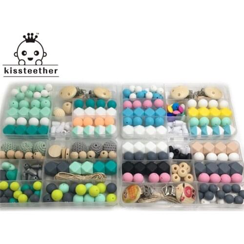 4pc DIY Baby Teether Accessories Geometry Hexagonal Round Silicone Bead Wooden Bead And Crochet bead Pacifier Clips For Bracelet