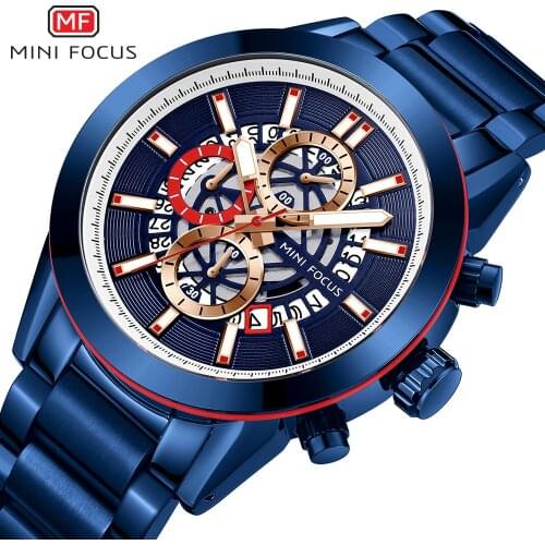 MINIFOCUS Fashion Quartz Watch Men Working Sub-dial Skeleton Watches Blue Stainless Steel Strap Waterproof Sports Wristwatch