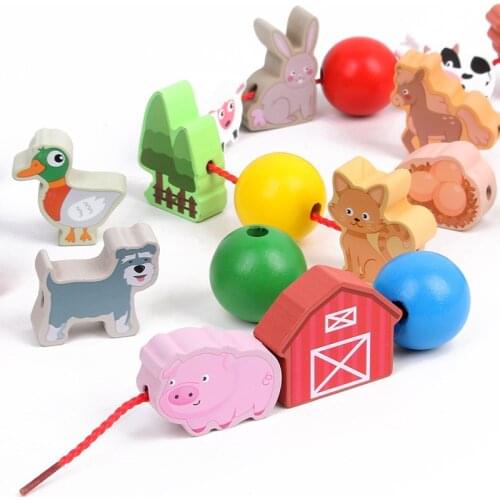 Wooden Blocks Montessori Toys Fun Baby Beaded Game Early Education Animal Beaded Building Block Children Toys For Kids Gift