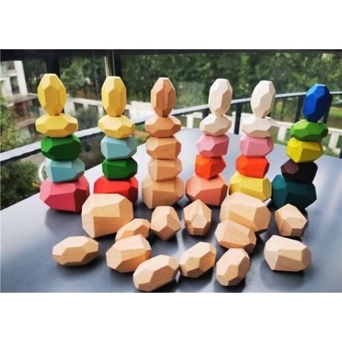 Children Wooden Gems Handicraft UnPaint Nordic Wood Jenga / Beech Color Stone Building Stacking Blocks