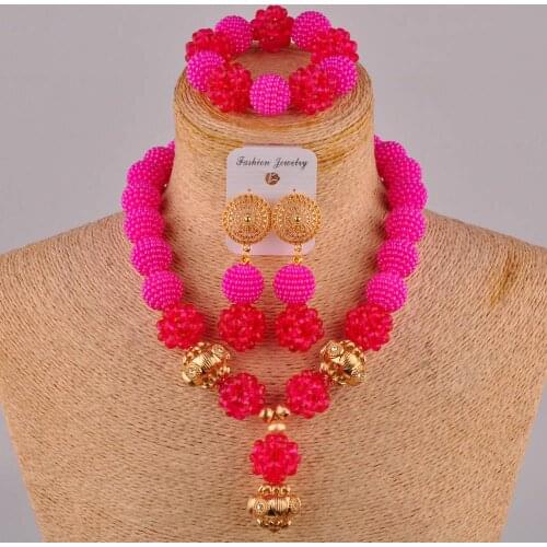 Fuchsia Pink imitation pearl bridal dress jewelry set African wedding beads Nigerian wedding wedding jewelry set XX-91