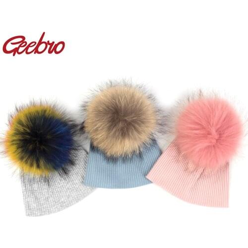Geebro Newborn baby Winter Solid Color Ribbed Beanies hats With 15 cm Real fur pompom New Girls Boys Kids Cute Cotton skully hat