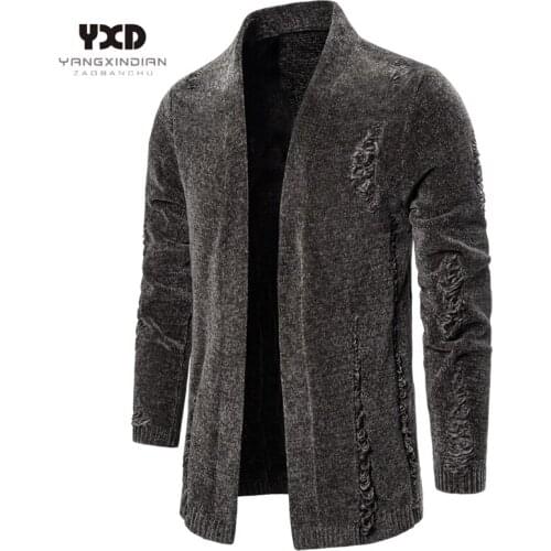 Mens Clothes Hole Thick Warm Long Cardigans Mans Streetwear Windbreaker Knitted Sweater Men Casual Cardigan Man Coat Homie K pop