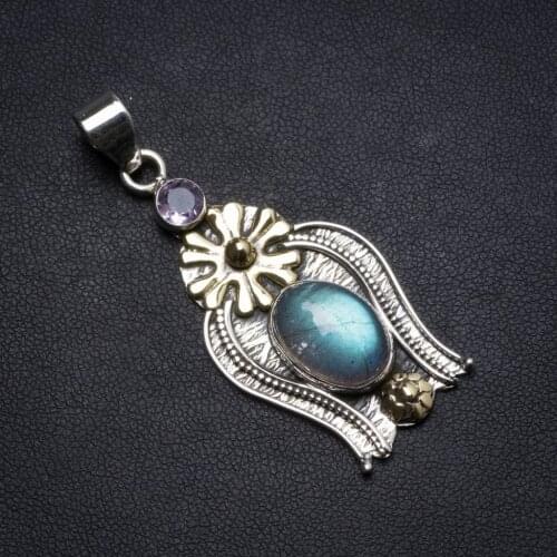 Natural Labradorite and Amethyst Handmade Unique 925 Sterling Silver Pendant 2" X1141