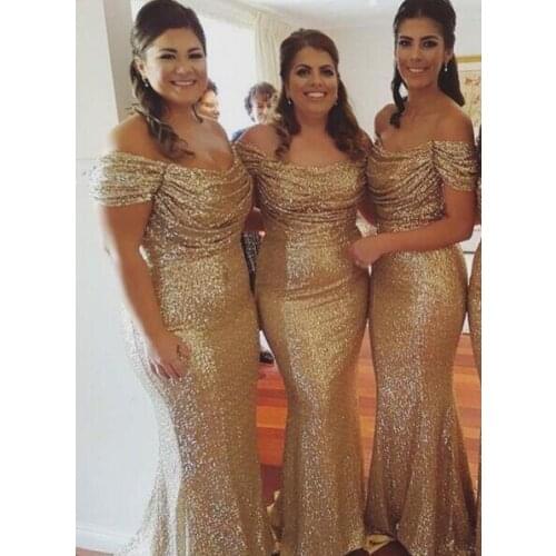 Gold 2019 Cheap Bridesmaid Dresses Under 50 Mermaid Off The Shoulder Sequins Long Wedding Party Dresses For Women