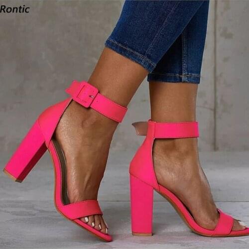 Rontic 2021 New Fashion Women Sandals Ankle Strap Chunky Heels Opem Toe Gorgeous Fuchsia Red White Dress Shoes US Size 5-20