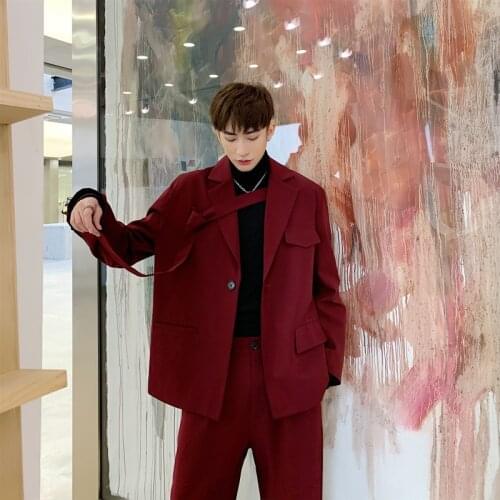 IEFB Niche Mens Clothing Red Irregular Tie Big Size Blazers Loose Jacket + Casual Suit Pants 2021 Autumn New Set 9Y52703