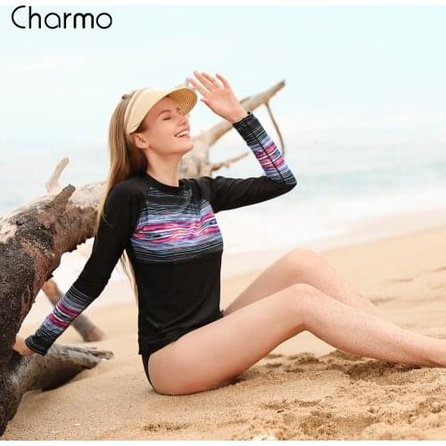 Charmo Women Long Sleeve Rashguard Swimwear Retro Floral Print Surfing Top Running Shirt Striped Rash Guards UPF50+ Swimsuit