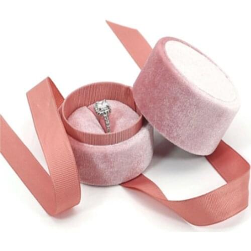 Pink Velvet Round Bowknot Jewelry Box For Wedding Engagement Ring Earrings Necklace Bracelet Jewelry Packaging Display 1Pcs