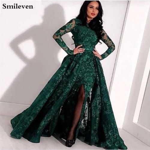 Smileven Dark Green Evening Dress Long Sleeve Detachable Train Mermaid Formal Dresses Side Split Party Gowns Vestidos Compridos
