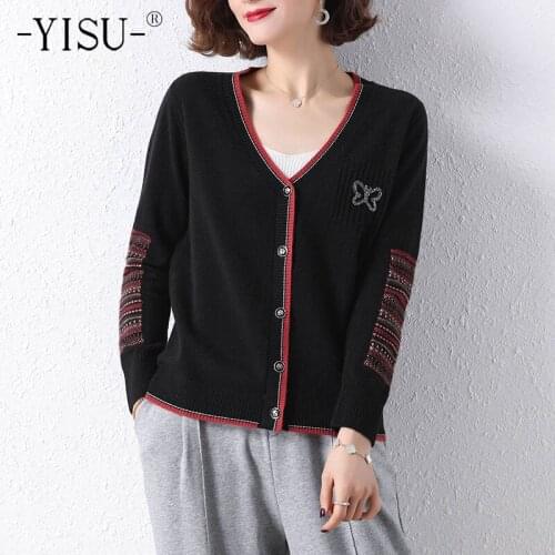 YISU 2021 Spring Thin Women Sweater Cardigan V-Neck Printing Cardigan for women Female Long sleeve Casual Knitted Cardigan