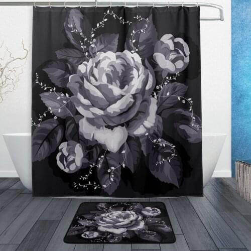 Vintage Rose with Leaves Waterproof Polyester Fabric Shower Curtain with Hooks Doormat Bath Floor Mat Bathroom Home Decor
