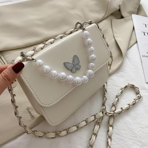 Fashion Solid Color PU Shoulder Bags Women Pearl Butterfly Handbags Totes Female Casual Travel Crossbody Sling Pouch