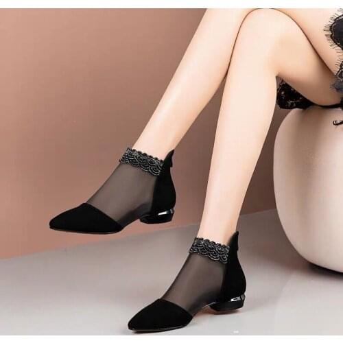 Womens Sandals Summer 2021 New Rhinestone Net Boots Hollow-out Fla Heel Flat Chunky Hee Frosted Closed Toe Sandal Boot Women