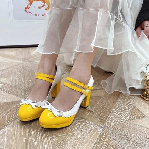 US4-14 Womens Round Toe Japanese Mary Janes Bowknot Lolita Pumps Block Chunky High Heel Shoes Sweet Plus Size 4Colors
