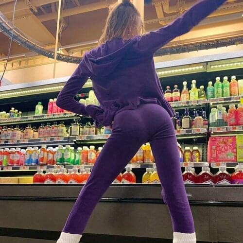 Y2K Women Velvet Two Pieces Set Purple Ruffles Hoodies Sweatshirt Jacket Coat Top and Pants Tracksuits Autumn Winter Outfits