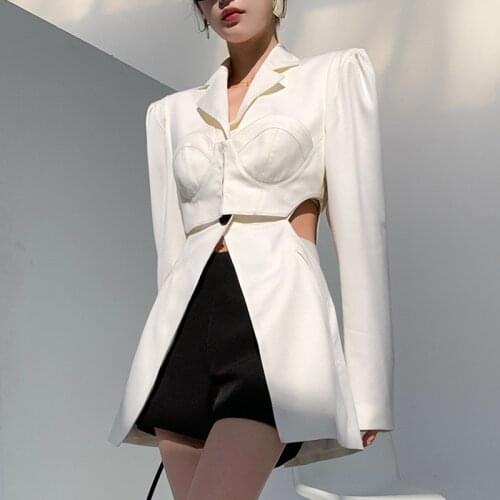 Newest Fashion Tailored collar Coat White Women Blazer Business Korean style loose Mid-Length Waist Hollow Out Womens jacket