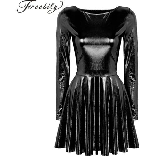 Womens Ladies Dance Evening Paties Stage Costumes Dress Holographic Metallic Long Sleeves A-line Mini Dress Femme Sexy Clubwear