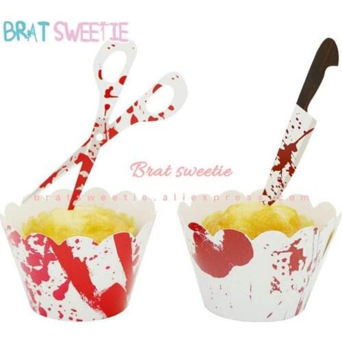 24pcs Halloween Blood Handprint Footprint Knife Scissors Cupcake Wrapper Cake Toppers Picks Happy Halloween Party Decorations
