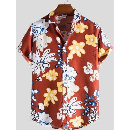 60# Mens Shirts Hawaiian Short Sleeve Round Hem Loose Shirts Print Blouse Male Vintage Plus Size Oversized Streetwear Shirts