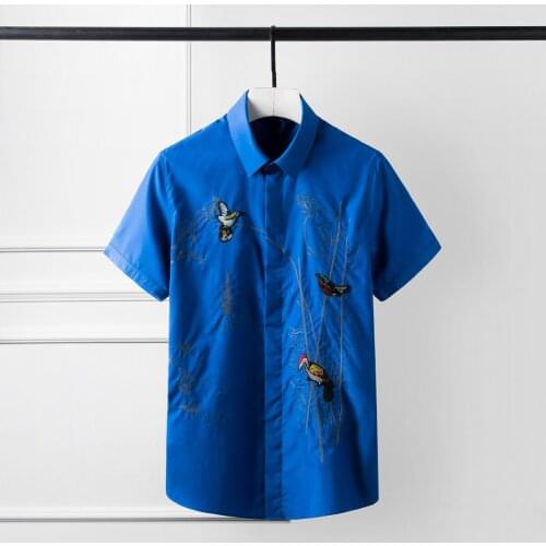 Plus Size 4xl Mens Shirts Luxury Chinese Style Flower And Bird Embroidery Short Sleeve Men Shirts Fashion Casual Slim Shirts Man