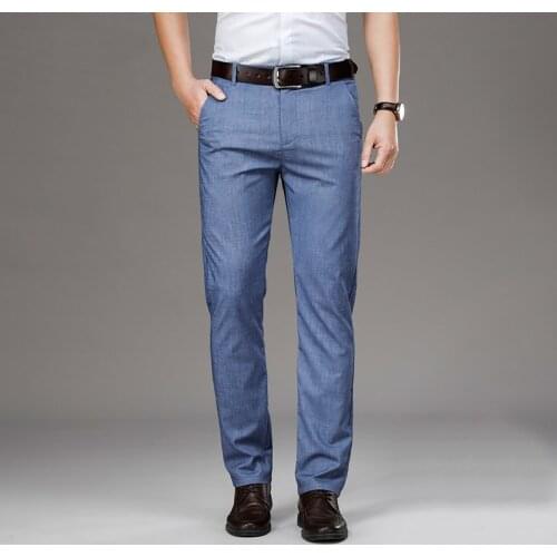 Summer High Waist Linen Mens Pants Loose Thin Breathable Work Wide Legs Classic Business Blue Trausers Male Large Size 35 40 42