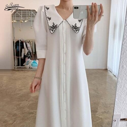 Black and white dress female lapel elegant black dress retro embroidery summer long dress female robe single breasted 14702