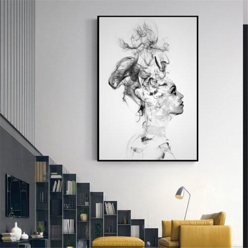 Black and White Girl Smog Poster Canvas Print Painting Wall Art Bedroom Home Decoration
