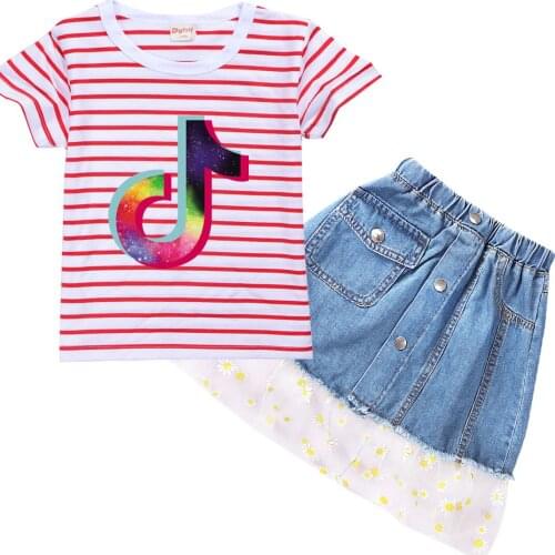 TIK TOK princess Set For Teen Girl Denim Cloth Kids Cartoon Cotton T Shirt+Bow Floral Skirt 2PCS Outfit Children Suit