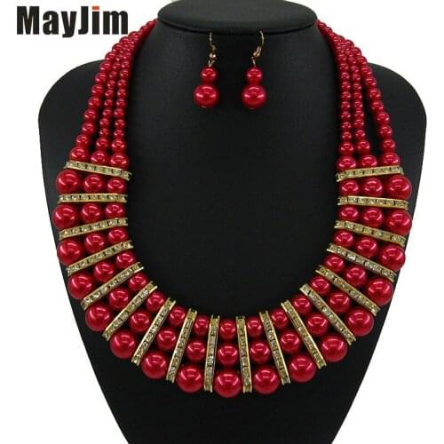 MayJim Statement 2019 fashion big red Pearl jewelry sets Handmade gold chain african nigerian crystal bead dubai jewelry sets