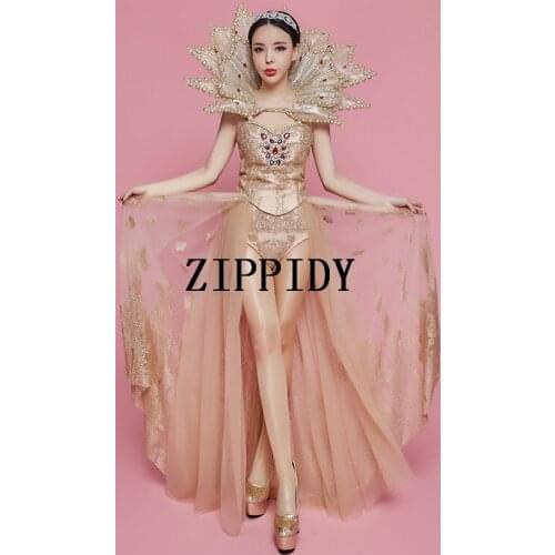 Fashion Sexy Queen Luxury Crystals Dance Wear Bright Big Collar Design Female Singer Celebrate Dress Mesh Sequins Costume