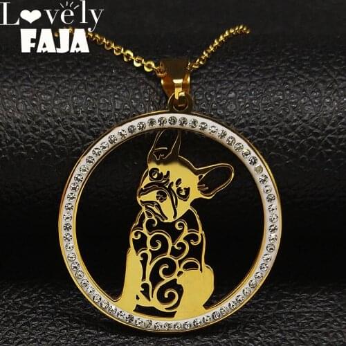 Fashion Bulldog Crystal Stainless Steel Chain Necklace for Women Gold Color Statement Necklace Jewelry bijoux femme K77539B