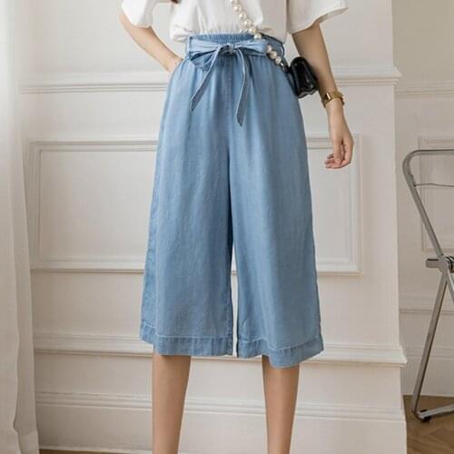 Fashion Blue Loose Wide Leg Bows Bandage High Waist Womens Denim Shorts Casual Summer Shorts For Women 2021