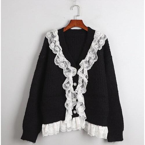 2020 High Fashion Winter Patchwork Lace Design Thick Black Sweater Sweet College Oversize Loose Cardigan Clothes Christmas