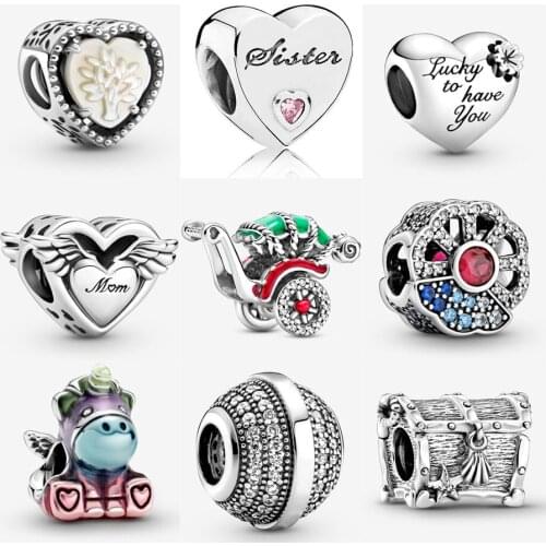 Wholesale Real925 Sterling Silver Sisters Love Charm Pink CZ Fit Pandora charm bracelet heart Bead DIY Jewelry
