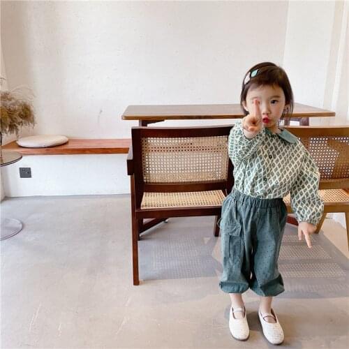2021 childrens autumn new products, girls' autumn clothes, Korean version, color-blocking lapel long-sleeved shirt shirt