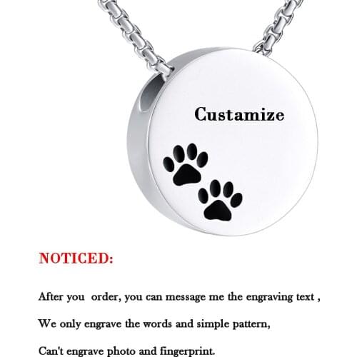Two Paw Print Inaly Round Urn Pendant Memorial Necklace for Pet Stainless Steel Ashes Keepsake Cremation Jewelry -Free Engraving