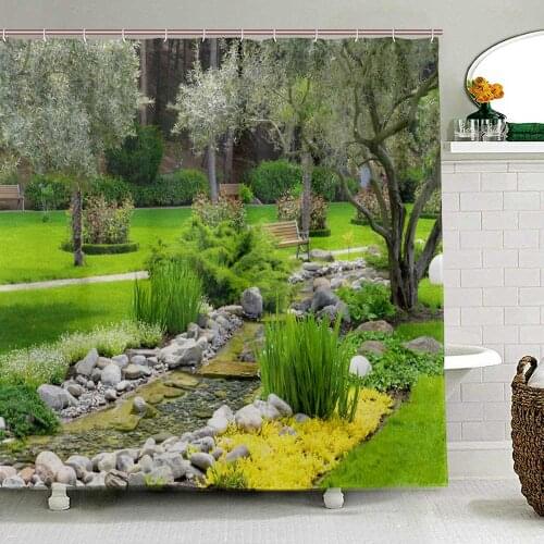 Garden With Pond Scenery Shower Curtains Waterproof Bath Curtain for Bathroom Home Decor Washable Fabric Bathroom Screens