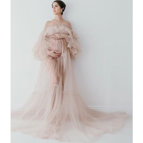 Sexy See Thru Khaki Tulle Ruffles A-line Maternity Dresses Photo Shoot Off The Shoulder Long Strapless Women Summer Dress